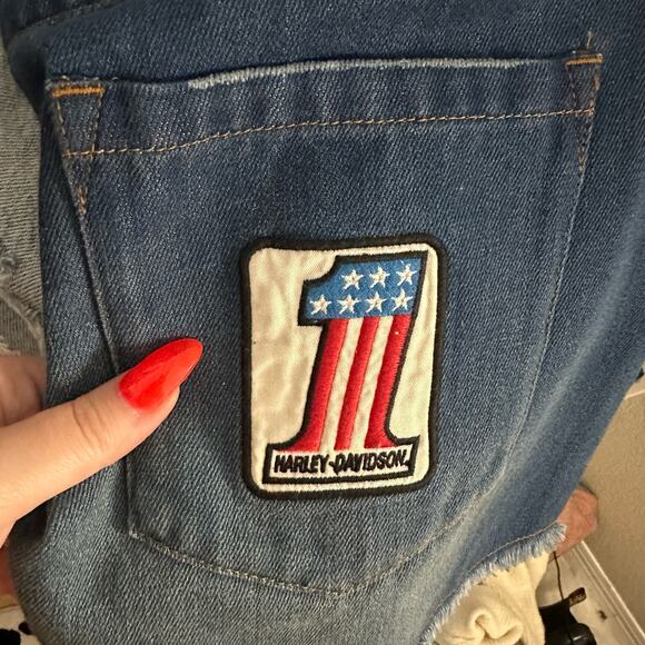 Harley Davidson Distressed Denim Shorts Dark Wash Patches - Picture 3 of 5